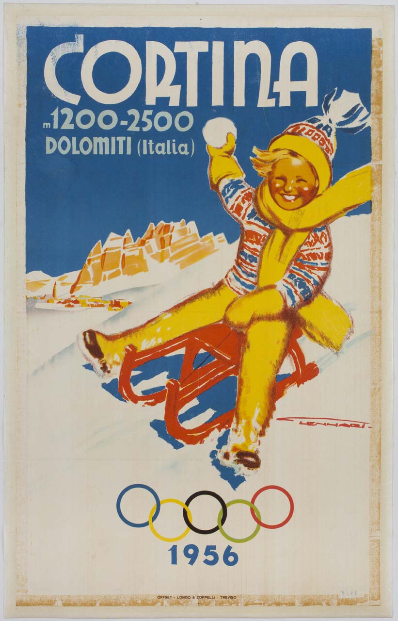 bambino su slittino lancia una palla di neve e cinque cerchi olimpici (manifesto) di Lenhart Franz (sec. XX)