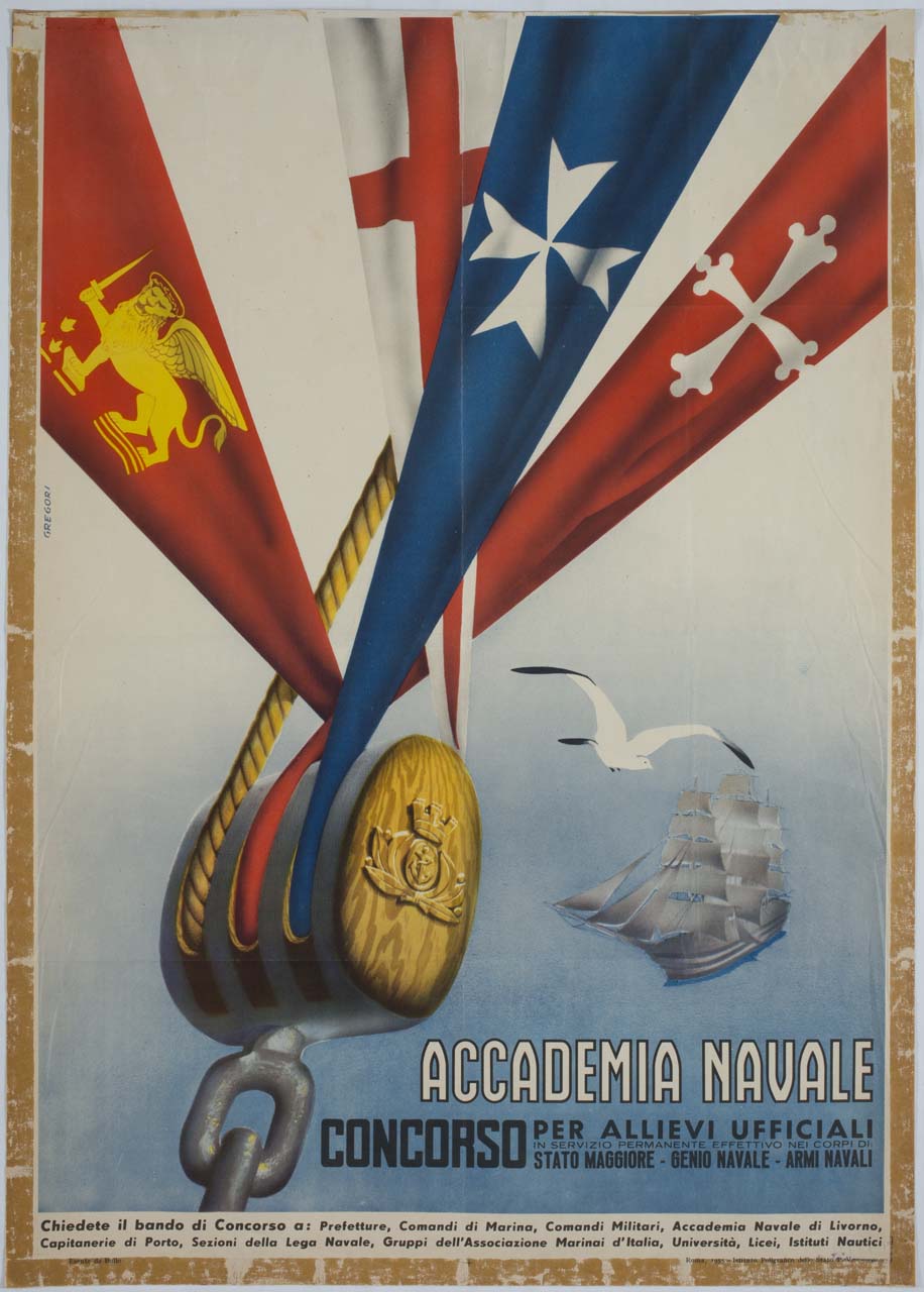 bandiere delle repubbliche marinare di Venezia Genova Pisa e Amalfi trattenute da un bozzello (manifesto) di Gregori Nino (sec. XX)