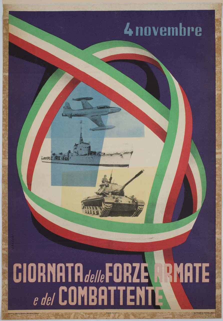 aeroplano nave e carro armato entro nastro tricolore annodato (manifesto) di Gregori Nino (sec. XX)