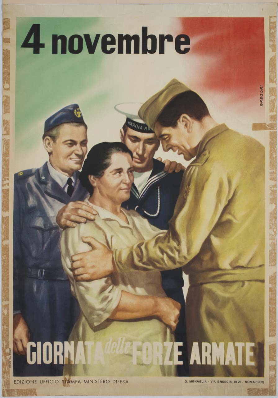 donna circondata da aviatore marinaio e soldato sullo sfondo del tricolore (manifesto) di Gregori Nino (sec. XX)