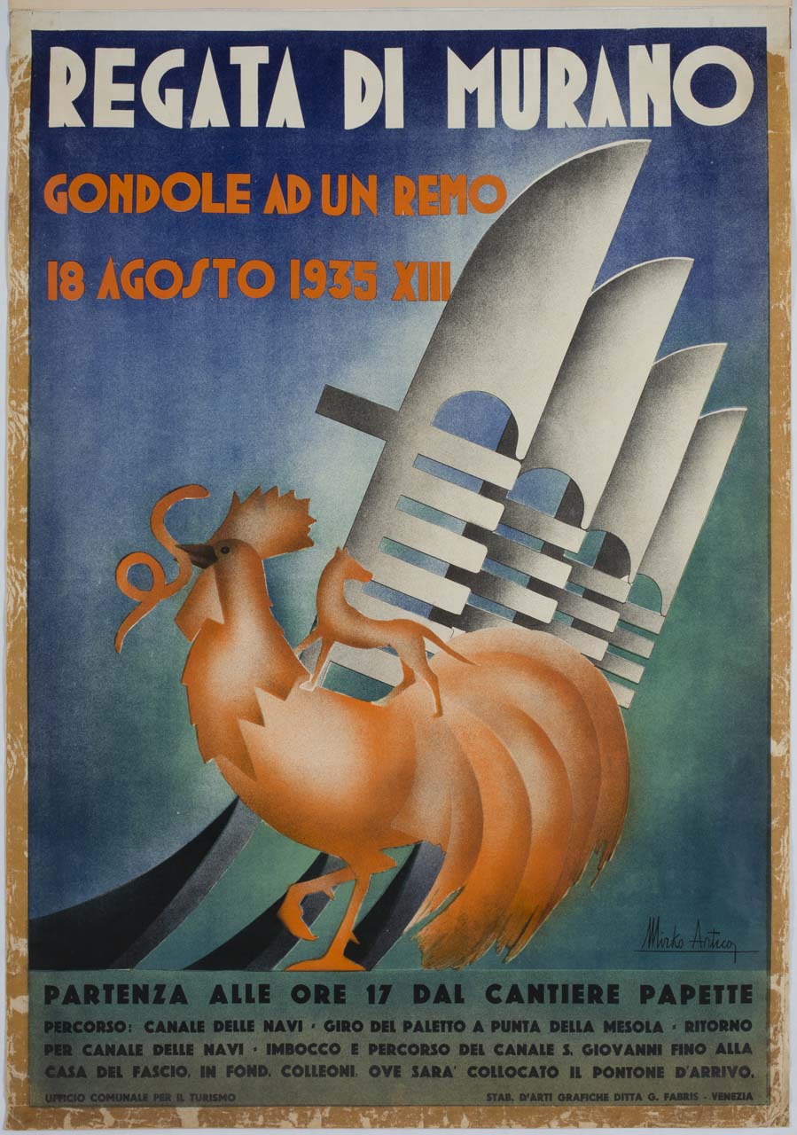 gallo con serpente nel becco e volpe sul dorso sullo sfondo di ferri di prua di gondole (manifesto) di Artico Mirko (sec. XX)