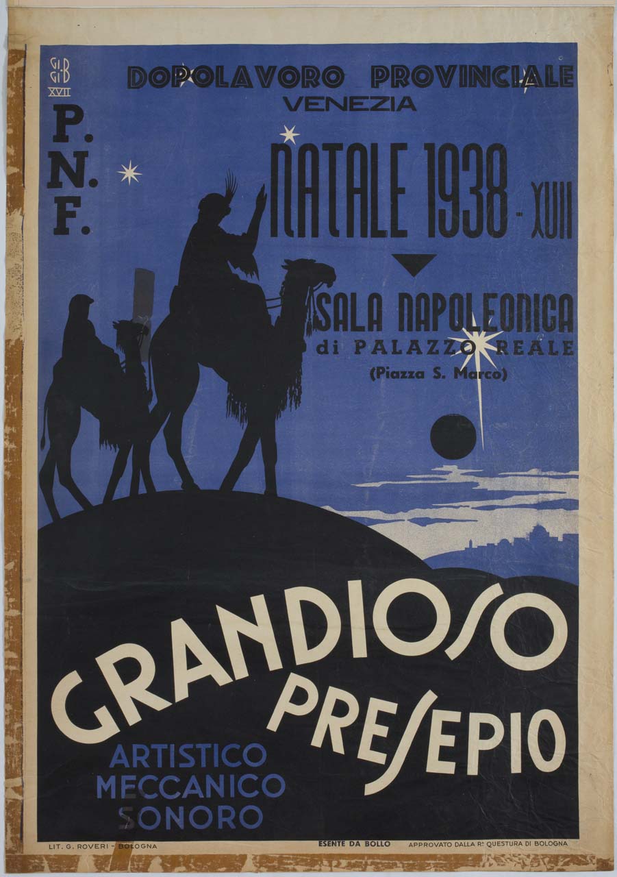 paesaggio notturno con i re magi su cammello (manifesto) di GIGI B (sec. XX)