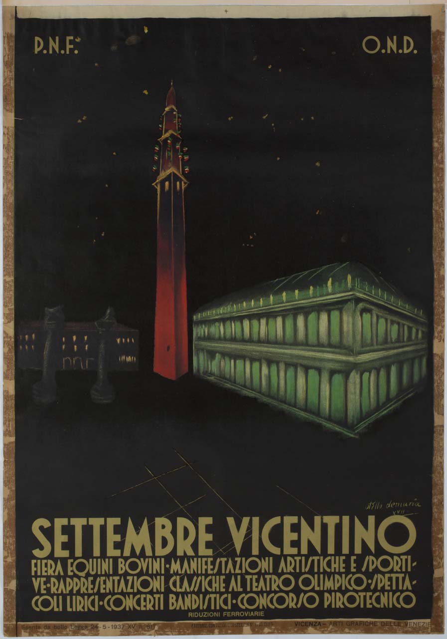 veduta notturna della piazza dei Signori a Vicenza (manifesto) di De Maria Otello (sec. XX)