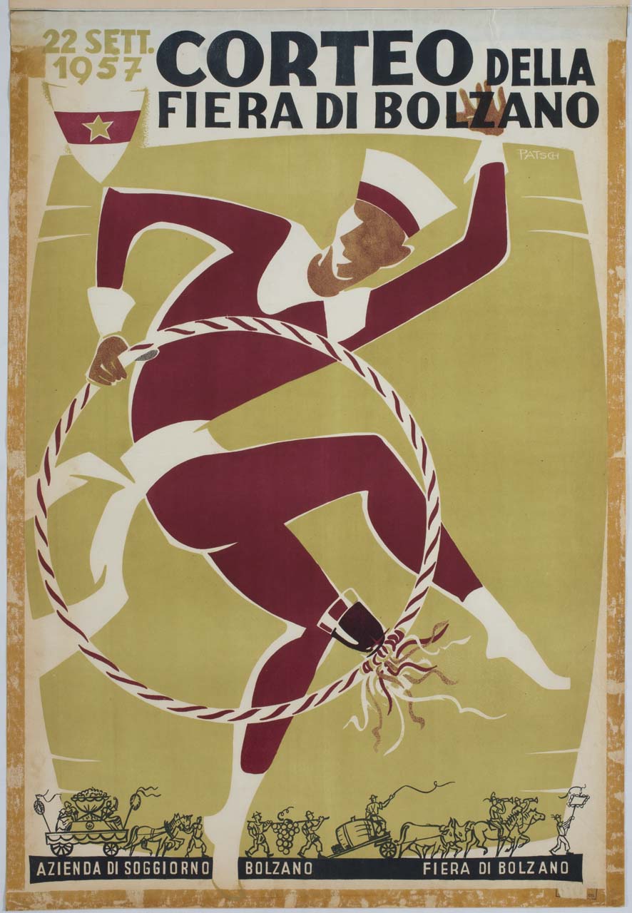 uomo danzante con cerchio e calice di vino (manifesto) di Patsch Luis (sec. XX)