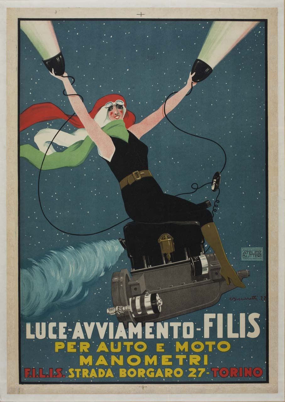 figura femminile a cavallo di un compressore (manifesto) di Biscaretti di Ruffia Carlo (sec. XX)