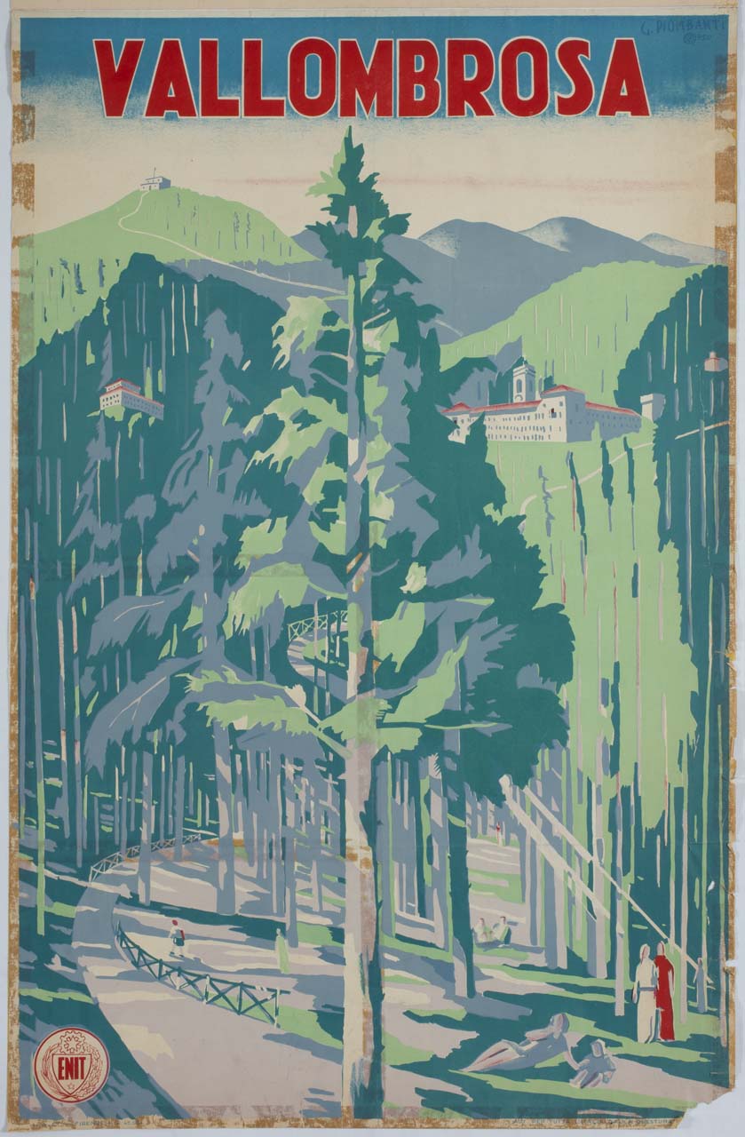 veduta della foresta e dell'abbazia di Vallombrosa (manifesto) di Piombanti Ammannati Giuseppe (sec. XX)