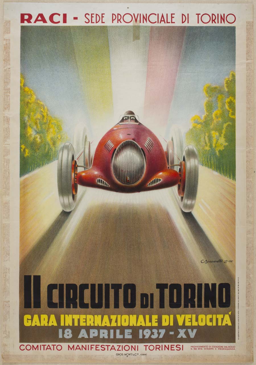 automobilista su automobile da corsa in pista (manifesto) di Biscaretti di Ruffia Carlo (sec. XX)