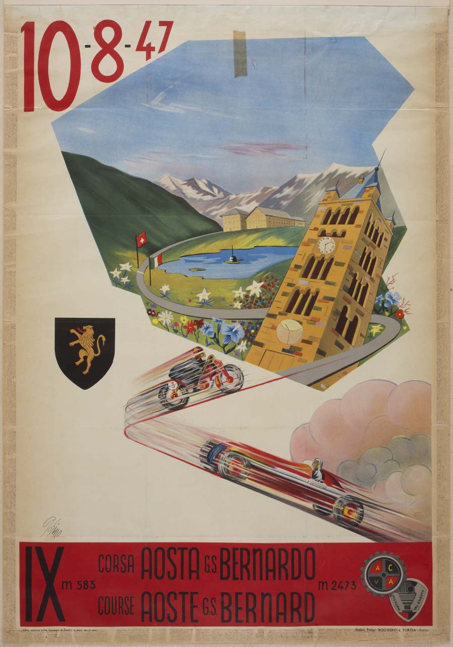 veduta del lago e del Colle del Gran San Bernardo con il campanile della Cattedrale di Santa Maria Assunta e San Giovanni Battista di Aosta (manifesto) di Robino - ambito italiano (sec. XX)