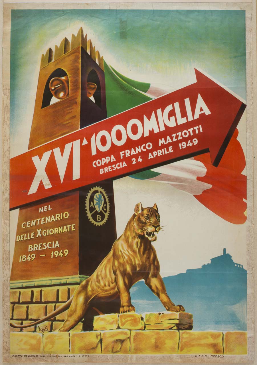 leonessa e Torre del Pegol di Brescia con bandiera italiana (manifesto) di Cassa Paolo (sec. XX)