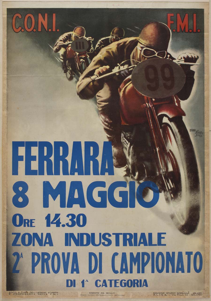 motociclisti su motociclette da corsa (manifesto) di Soresina Mario (sec. XX)