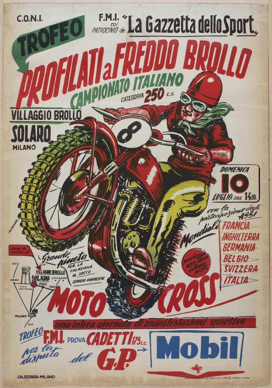 motociclista su motocicletta da motocross (manifesto) di Calderara Antonio (metà sec. XX)
