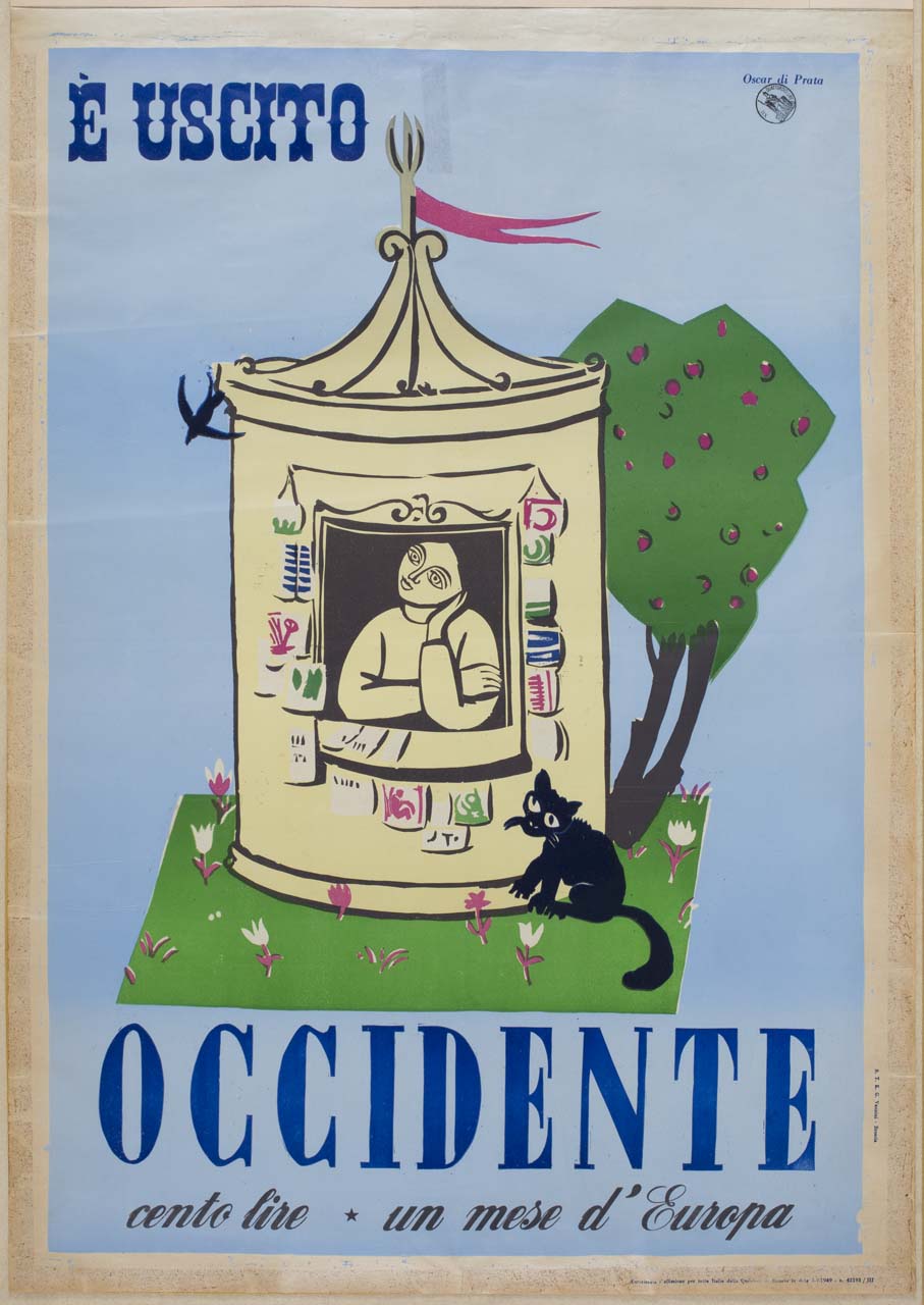 giornalaia dentro edicola in un parco (manifesto) di Di Prata Oscar (sec. XX)