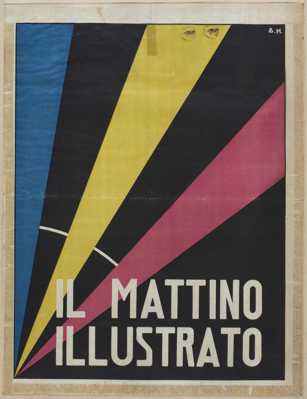 scritte su fondo nero con righe colorate disposte a raggiera (manifesto) - ambito italiano (sec. XX)