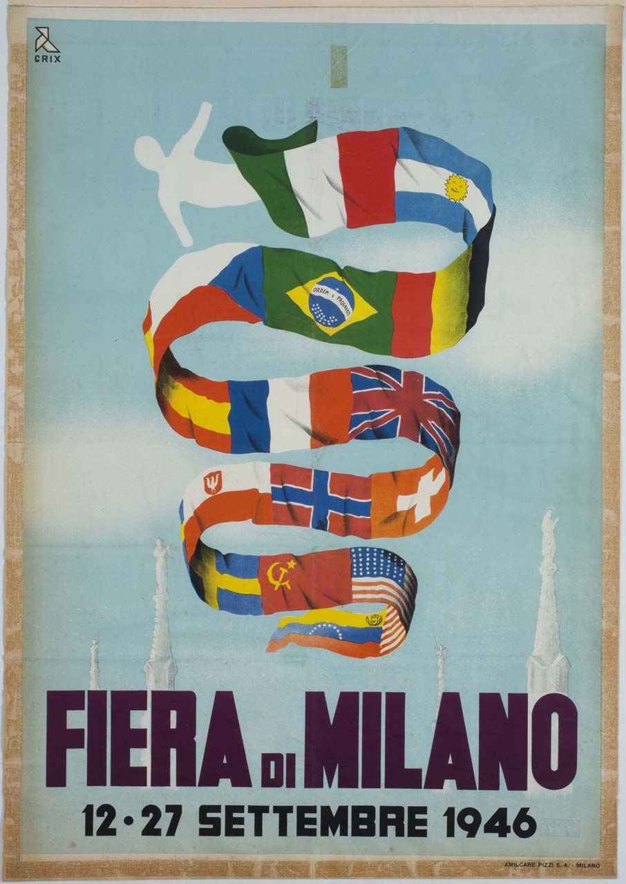 biscione visconteo suggerito da nastro formato da bandiere mondiali terminante con sagoma maschile (manifesto) di Crix - ambito italiano (sec. XX)