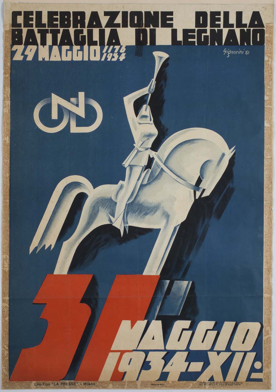 araldo a cavallo suona la tromba (manifesto) di Signorini Oscar (sec. XX)