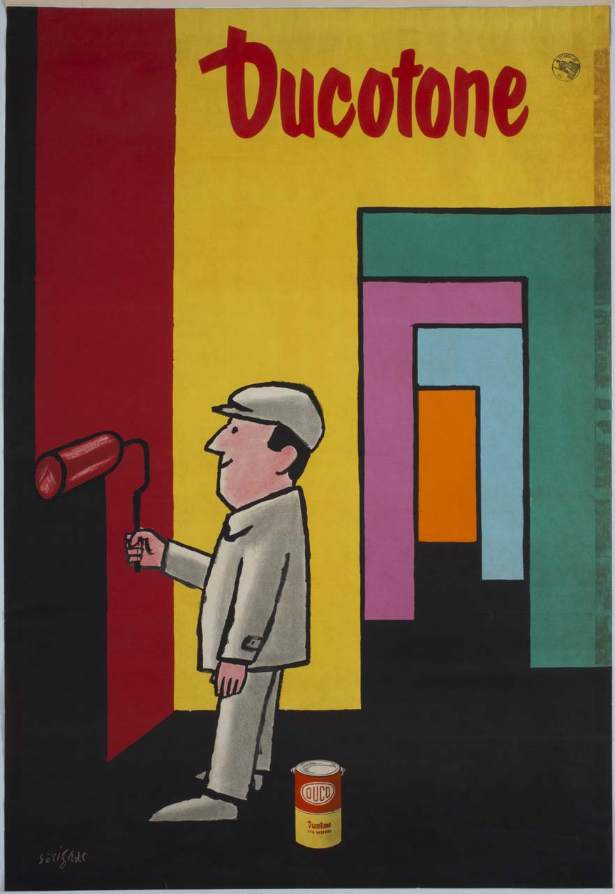 imbianchino con rullo e barattolo di pittura in un interno con pareti colorate (manifesto) di Savignac Raymond (sec. XX)