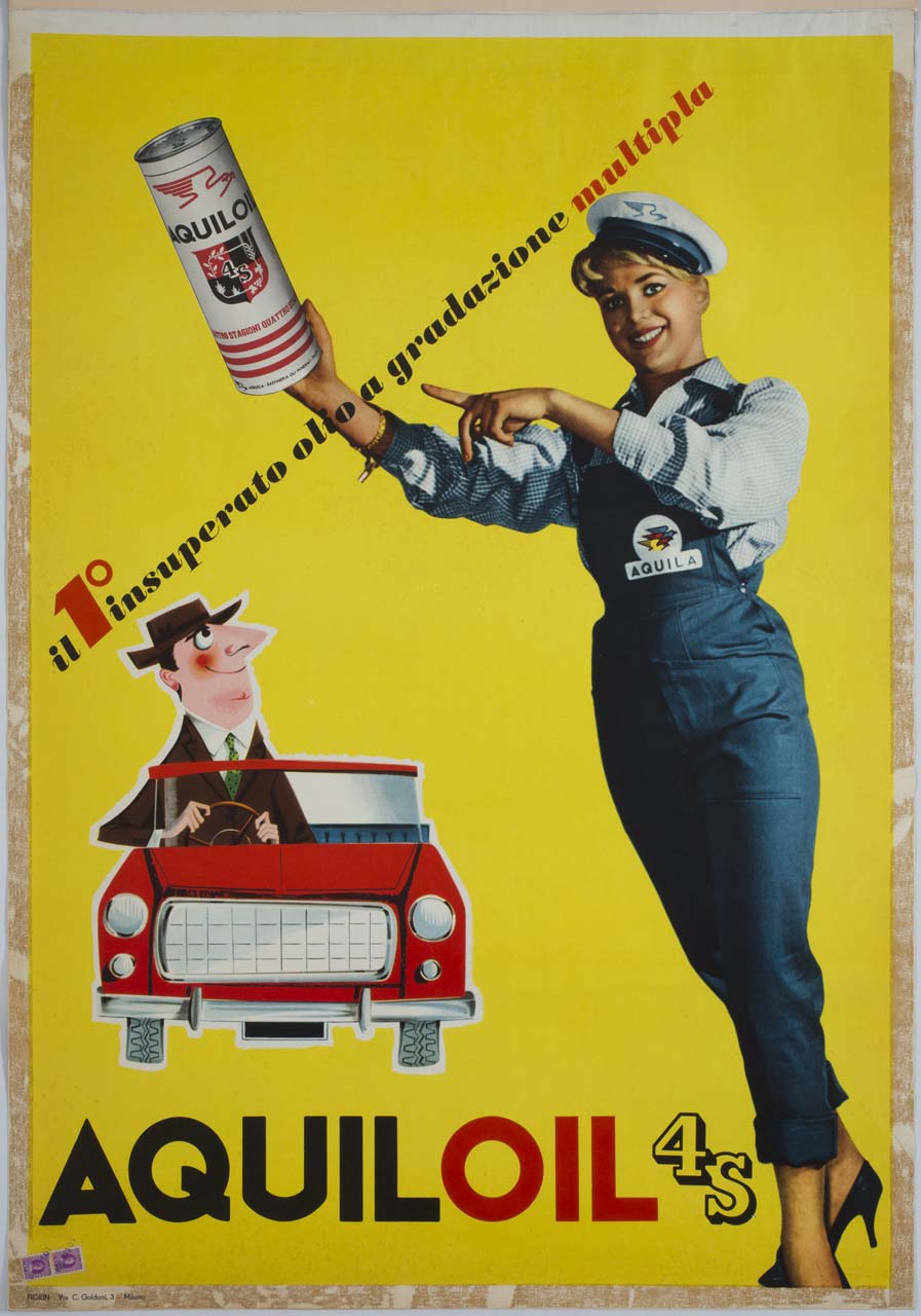 giovane benzinaia con lattina di olio e automobilista in vettura rossa (manifesto) - ambito italiano (metà sec. XX)