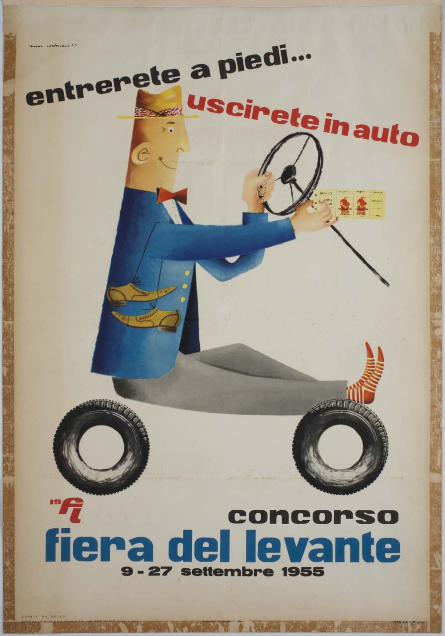 uomo scalzo seduto su due pneumatici con volante e biglietti in mano (manifesto) di Castellano Mimmo (sec. XX)