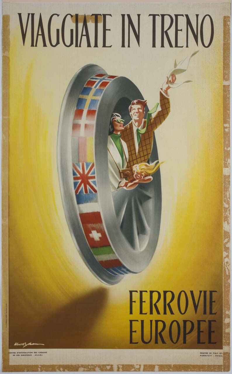 ruota di treno con bandiere e famiglia all'interno che saluta (manifesto) di Yran Knut Otto (sec. XX)