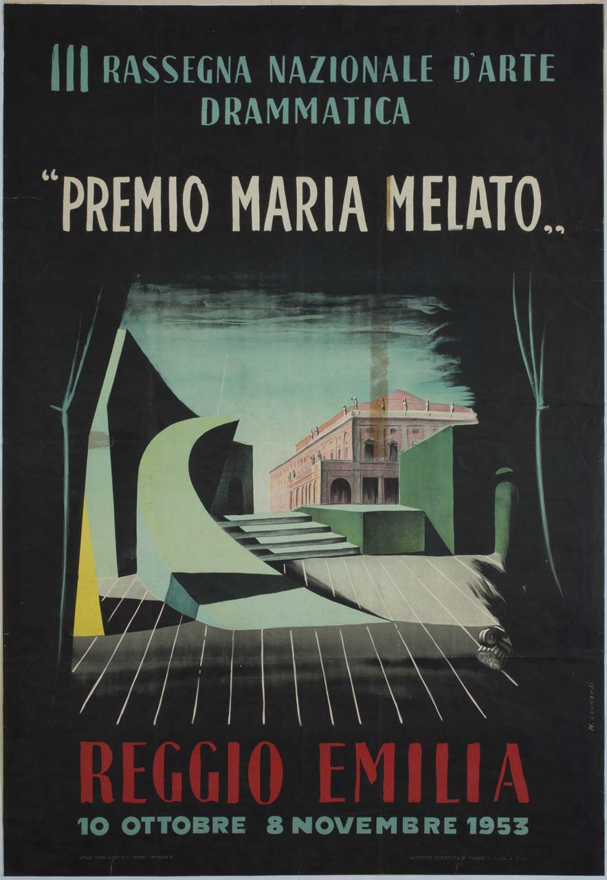 palcoscenico teatrale e scenografia con scale e palazzo (manifesto) di Leonardi Nello (sec. XX)