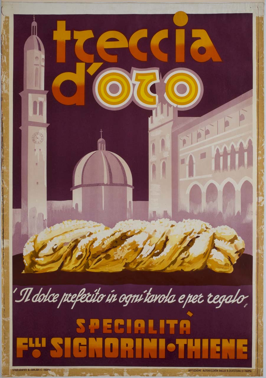 dolce a forma di treccia sullo sfondo di Thiene (manifesto) - ambito parmense (sec. XX)