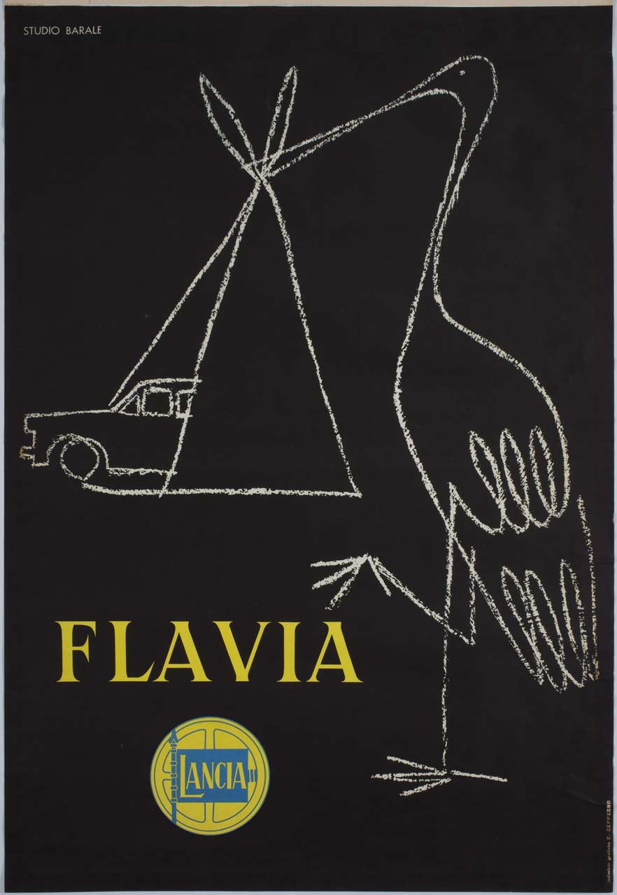 cicogna con automobile in un fazzoletto (manifesto) di Barale Pino (sec. XX)