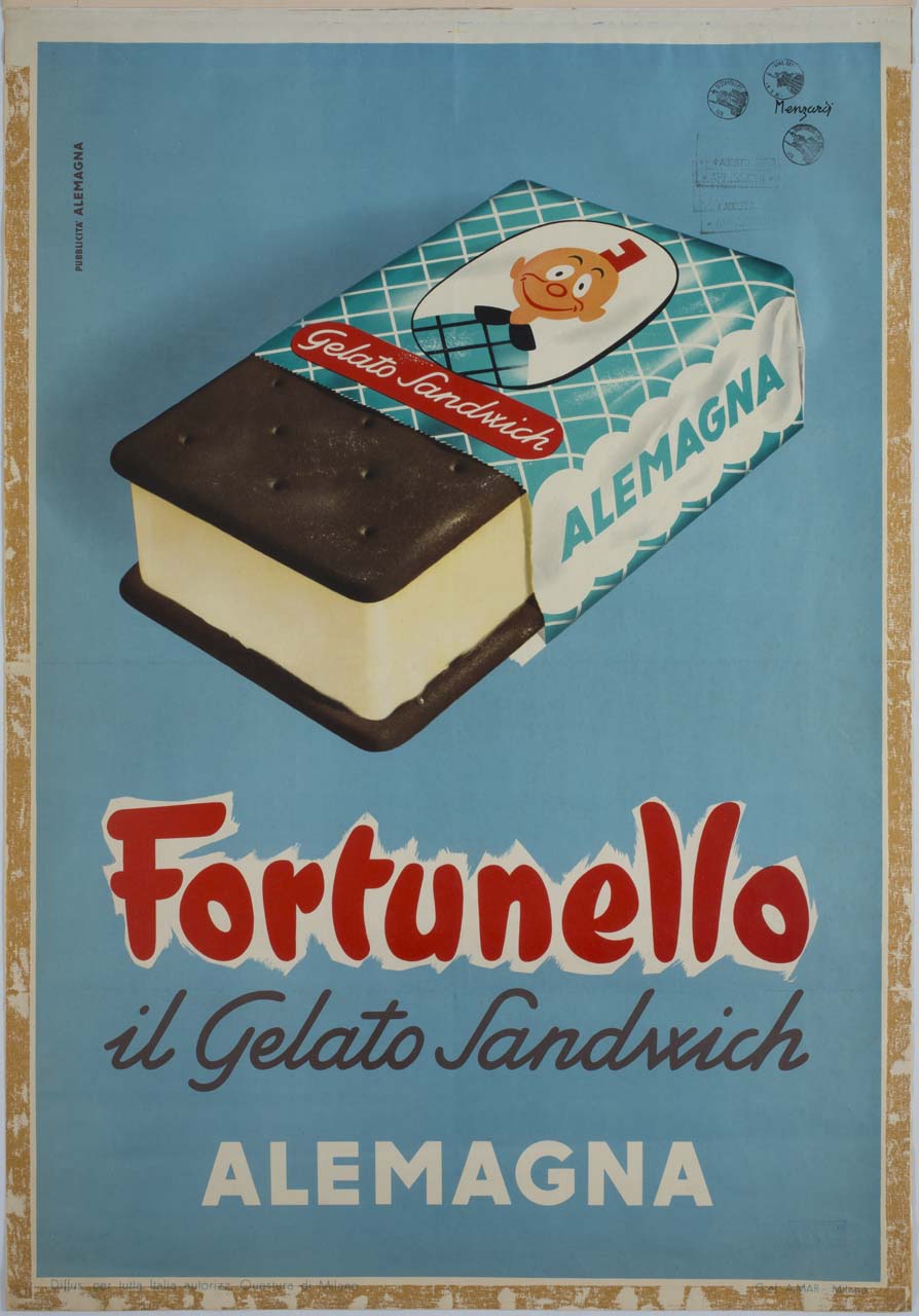 confezione di gelato con biscotto (manifesto) di Menzardi Mario (sec. XX)