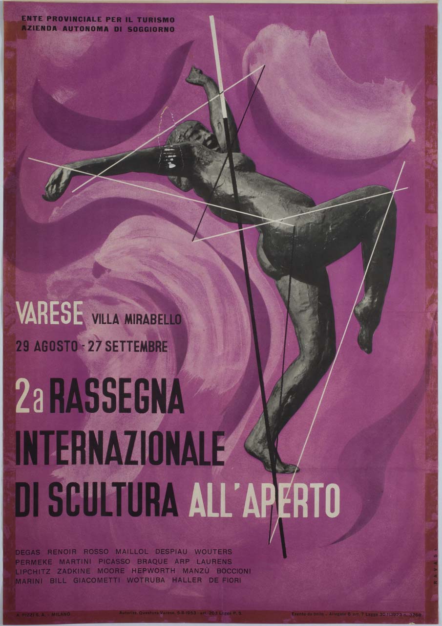 scultura di ballerina danzante tra linee geometriche (manifesto) di Ravasi - ambito italiano (sec. XX)