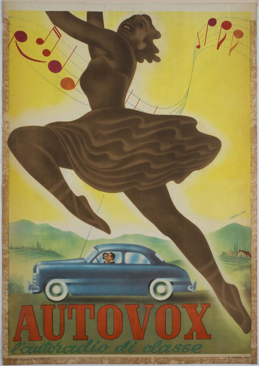 ballerina con pentagramma e automobile in un paesaggio (manifesto) di Giammusso Ugo (sec. XX)