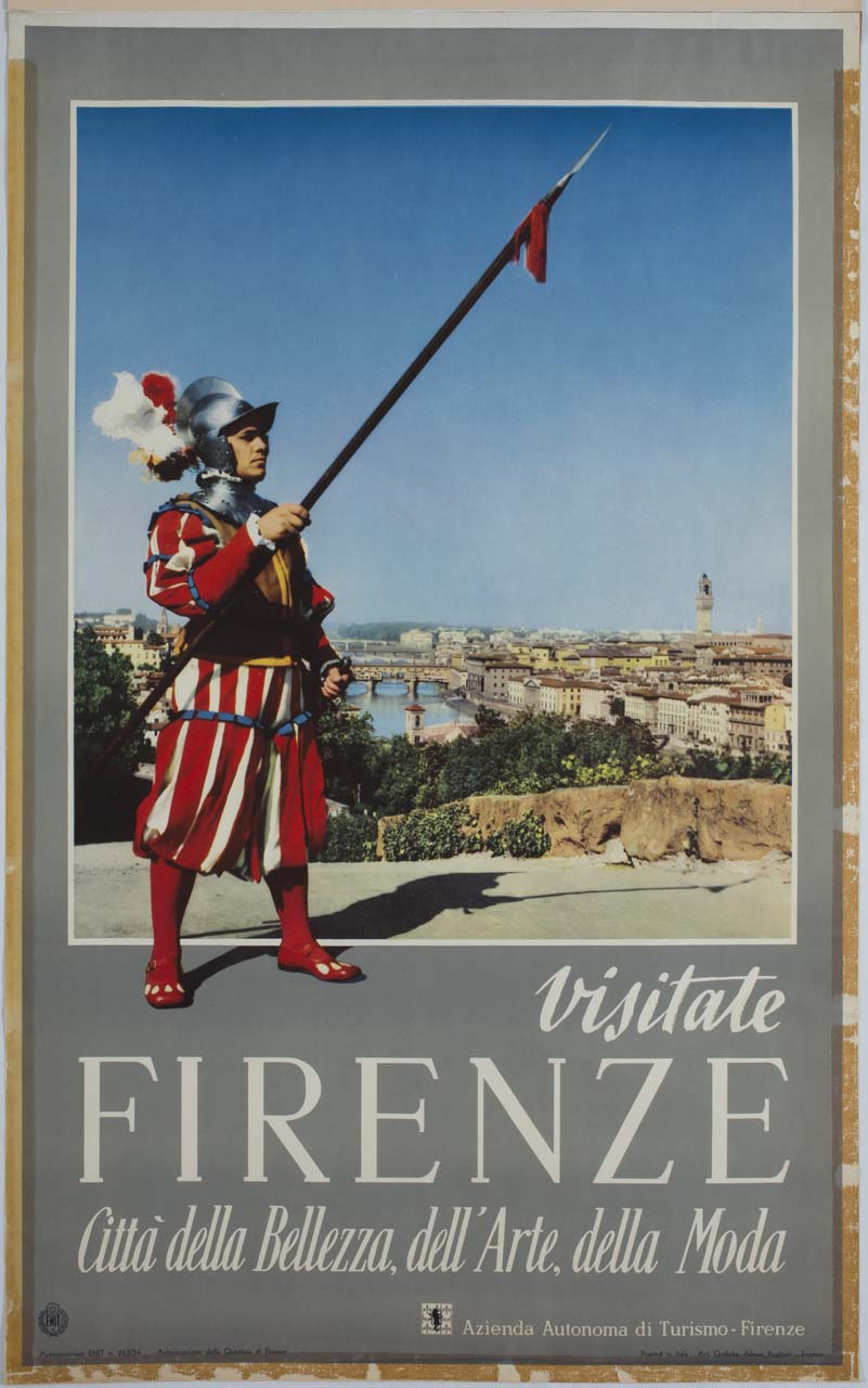 guardia in costume fiorentino sullo sfondo di Firenze (manifesto) - ambito italiano (sec. XX)