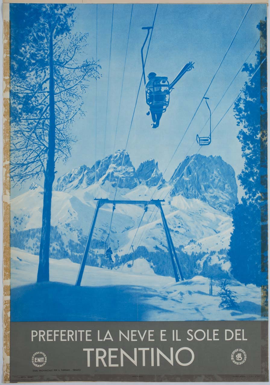 paesaggio montuoso con sciatori su seggiovia (manifesto) - ambito italiano (sec. XX)