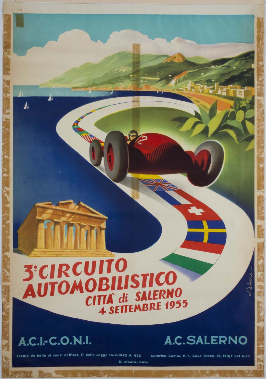 auto su circuito da corsa, con veduta di Salerno e tempio (manifesto) di D'Alma - ambito italiano (sec. XX)