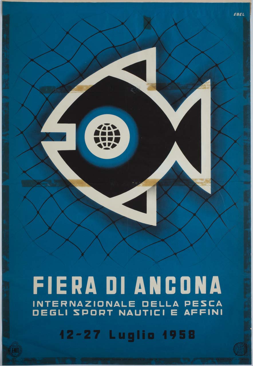 pesce stilizzato con globo in una rete (manifesto) di Studio EBEL di Eusebio Belvederesi (sec. XX)