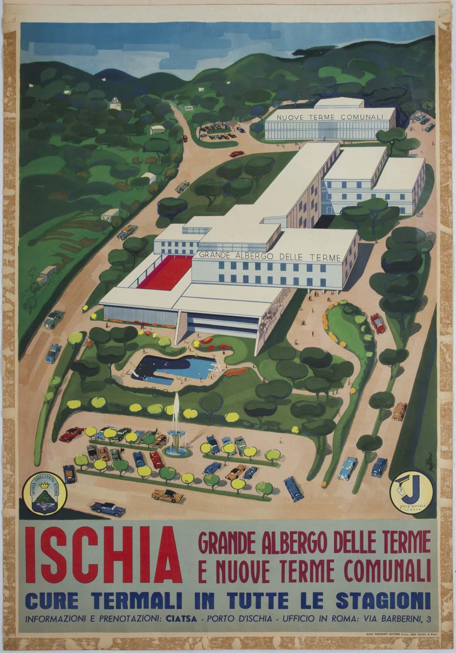 veduta del moderno complesso termale di Ischia (manifesto) di Piffero Luigi (sec. XX)
