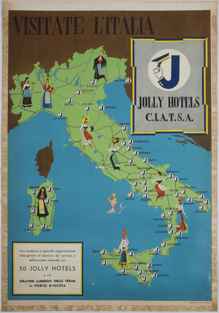 Italia con tracciato stradale e figure femminili in costume popolare (manifesto) di Piffero Luigi (sec. XX)