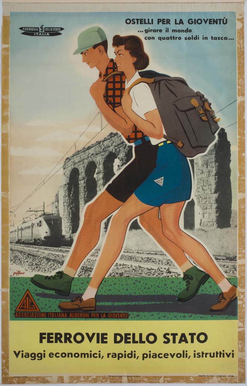 due giovani in cammino, treno e acquedotto romano (manifesto) di Piffero Luigi (sec. XX)