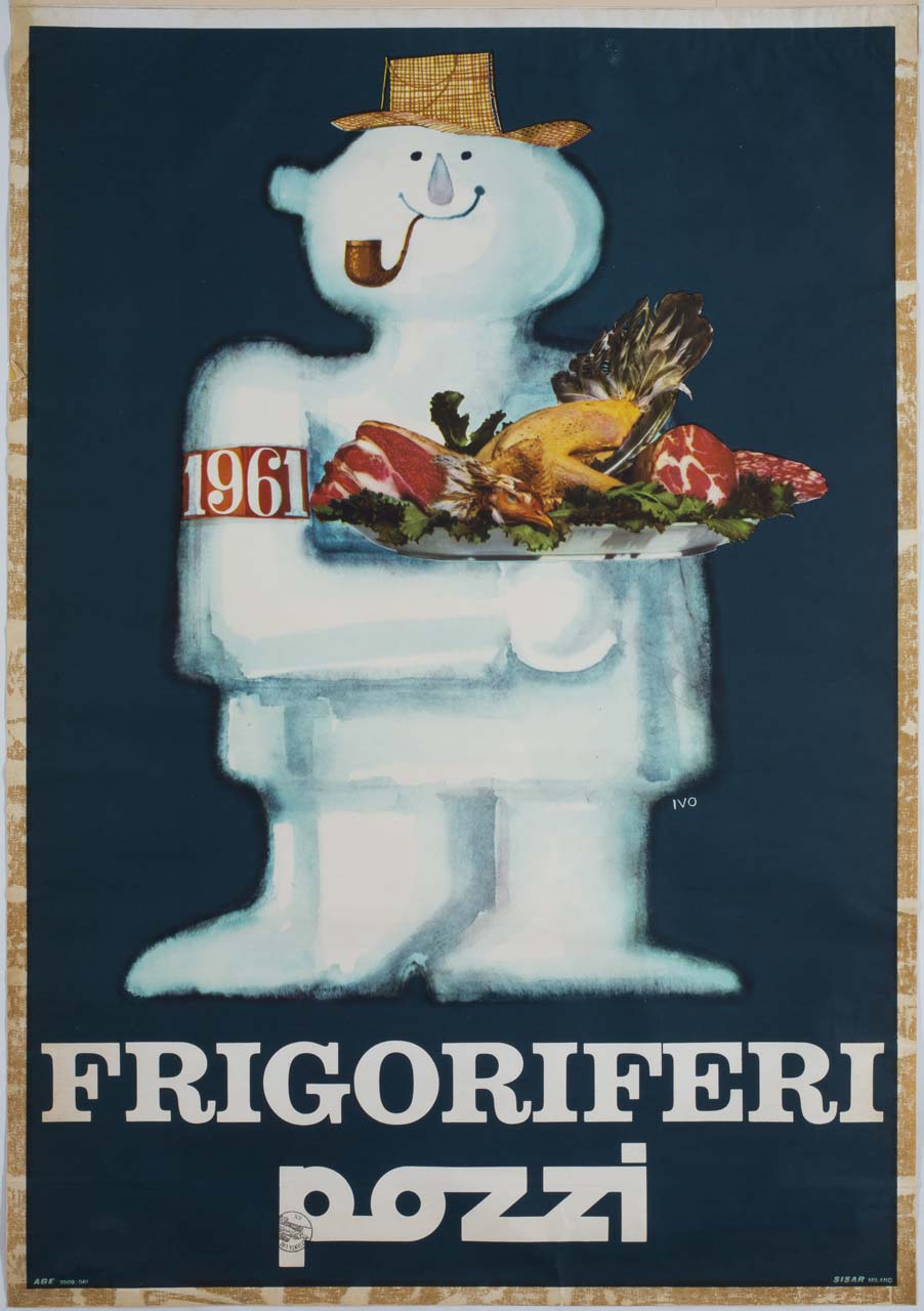 pupazzo di neve con piatto di cibi (manifesto) di Ivo (sec. XX)