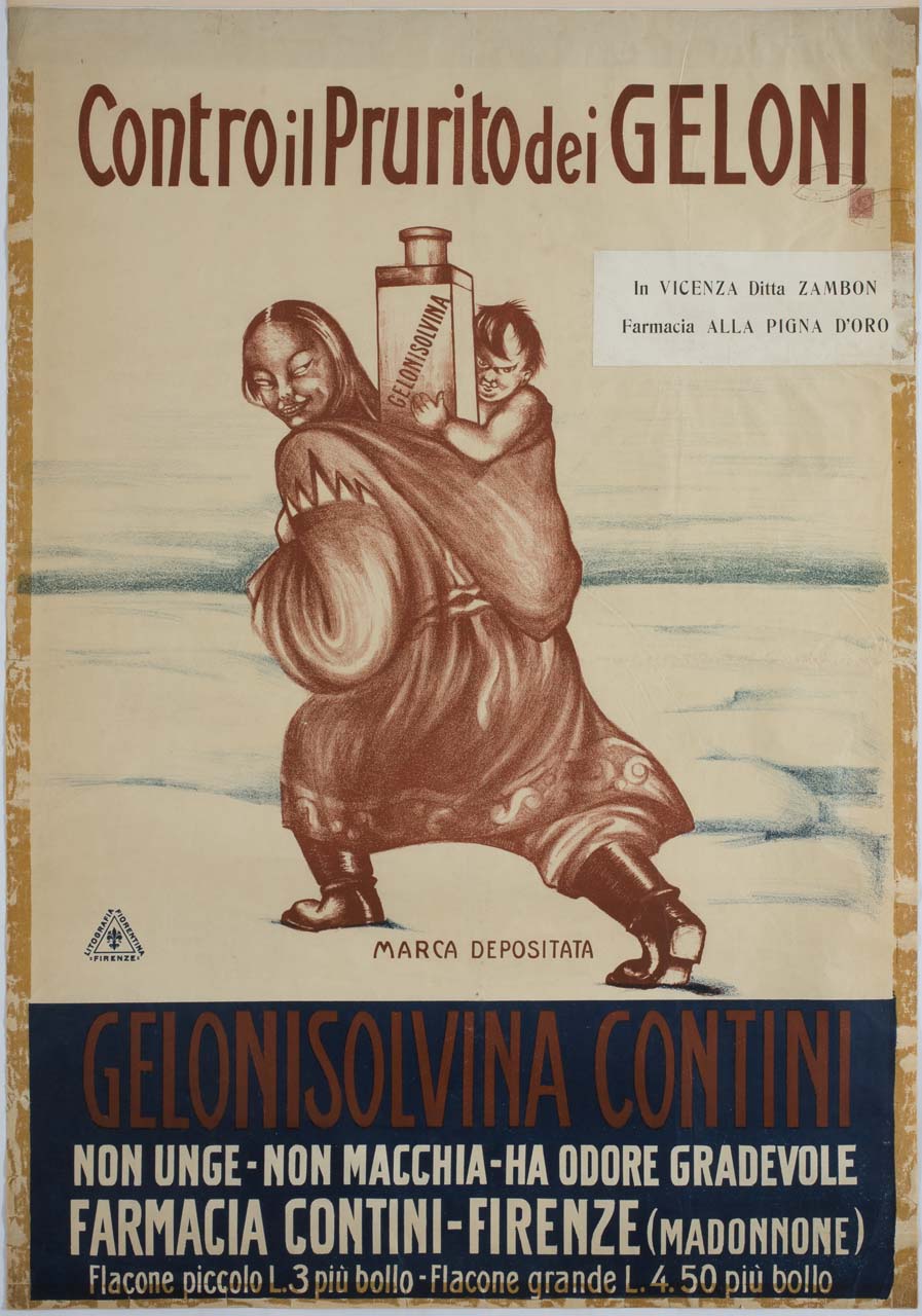donna eschimese e bambino con bottiglia camminano nella neve (manifesto) - ambito italiano (sec. XX)