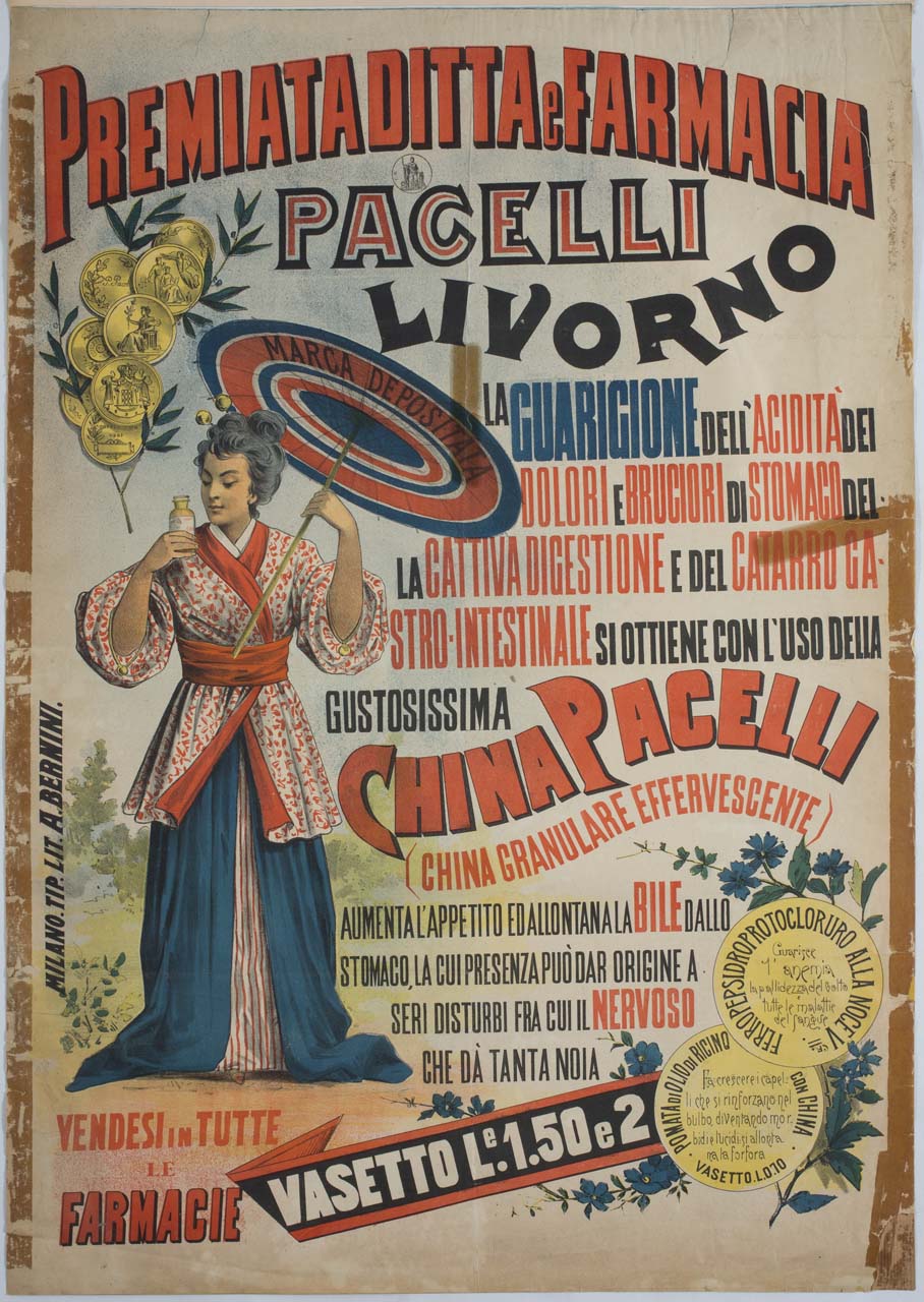 donna in costume cinese e parasole, ramo di ulivo e medaglie (manifesto) - ambito italiano (sec. XX)