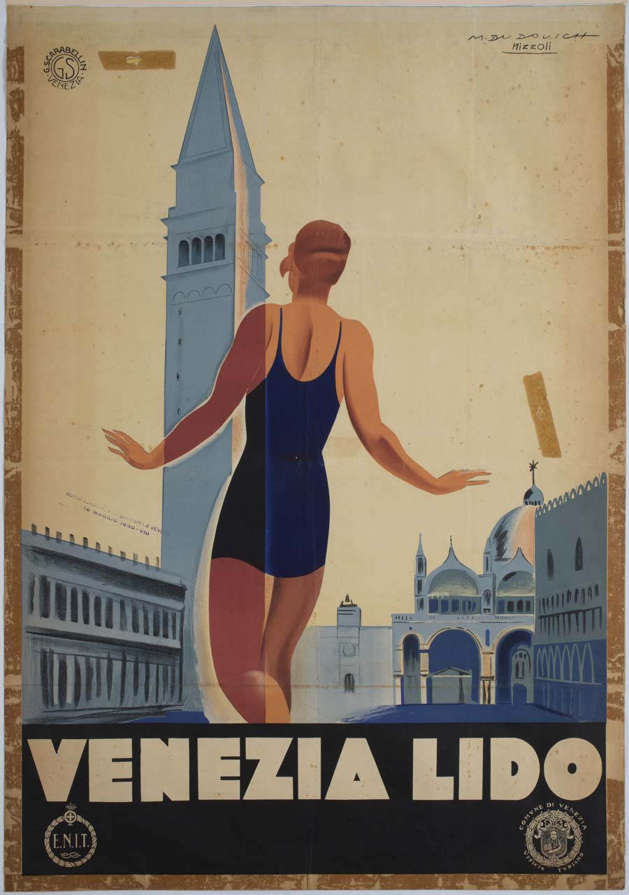 donna in costume da bagno in Piazza San Marco a Venezia (manifesto) di Dudovich Marcello, Nizzoli Marcello (sec. XX)