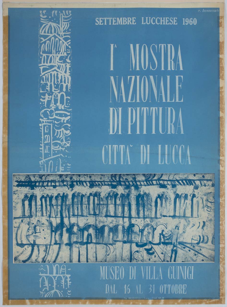 dipinto con Villa Guinigi di Riccardo Benvenuti e architetture in verticale (manifesto) di Benvenuti Riccardo (sec. XX)
