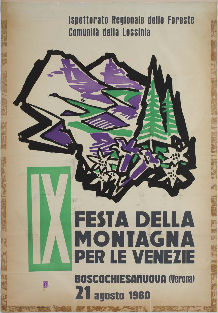 composizione stilizzata di paesaggio montano (manifesto) di Ruzzenente Tolmino (sec. XX)