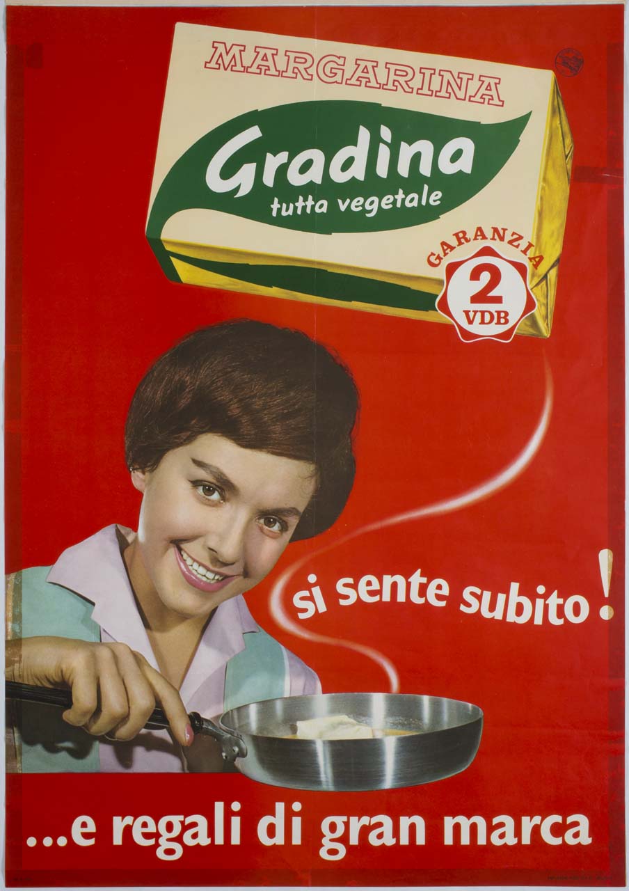 donna con tegamino con margarina (manifesto) - ambito italiano (sec. XX)