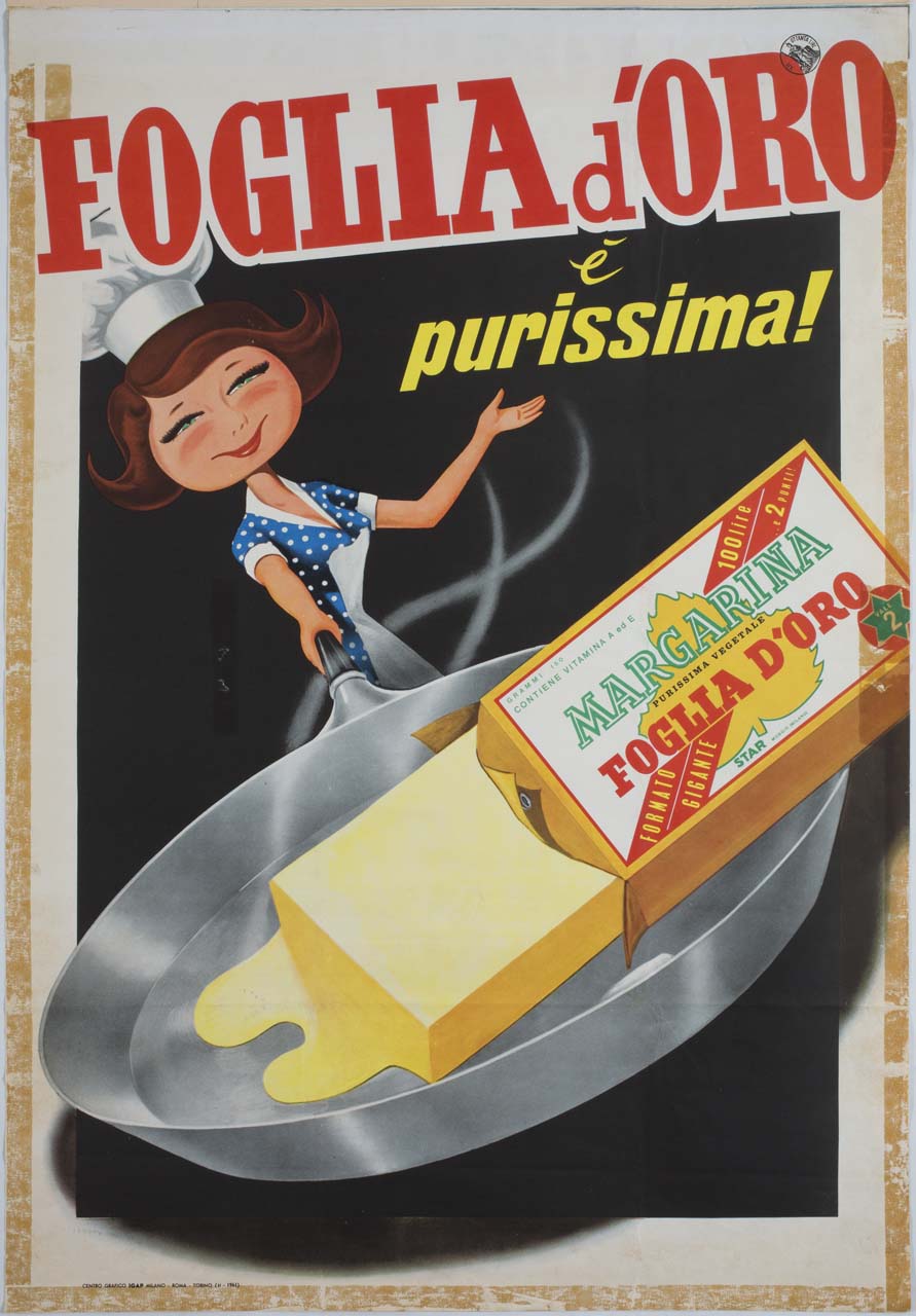donna con cappello da cuoco e tegamino con margarina (manifesto) - ambito italiano (sec. XX)