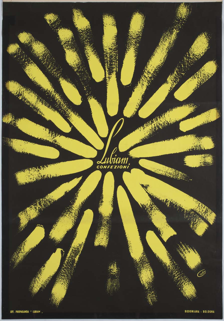 composizione a tratti gialli su fondo nero (manifesto) di Giuli Giulio (sec. XX)