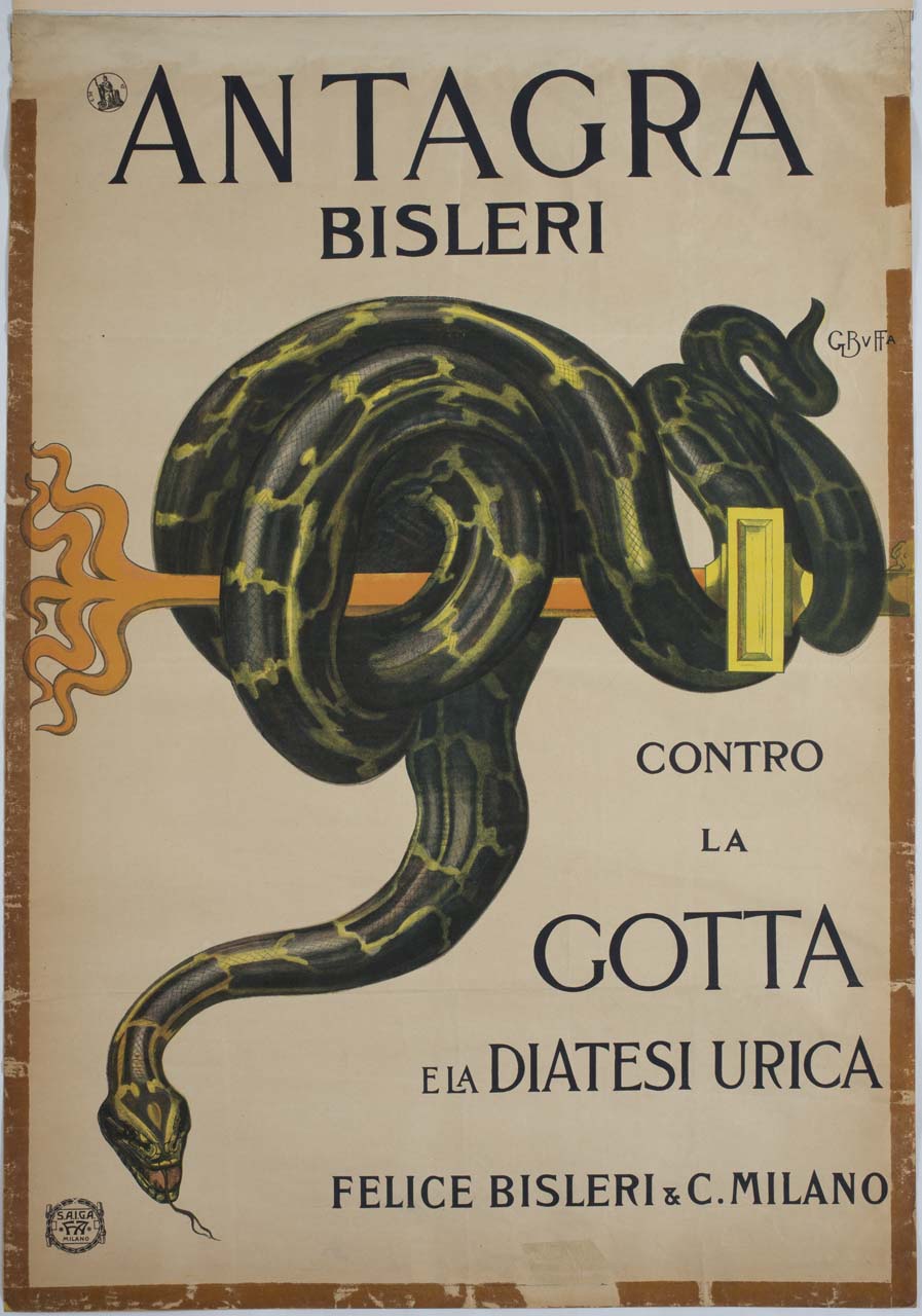 serpente arrotolato intorno a un elemento metallico (manifesto) di Buffa Giovanni (sec. XX)