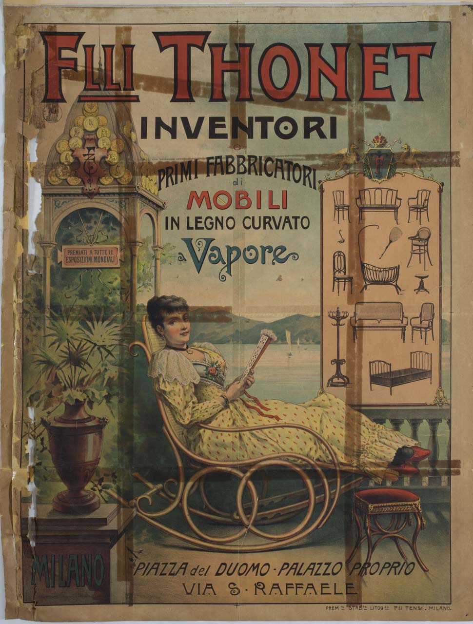 donna su sedia a dondolo con sfondo lacustre (manifesto) - ambito italiano (sec. XX)