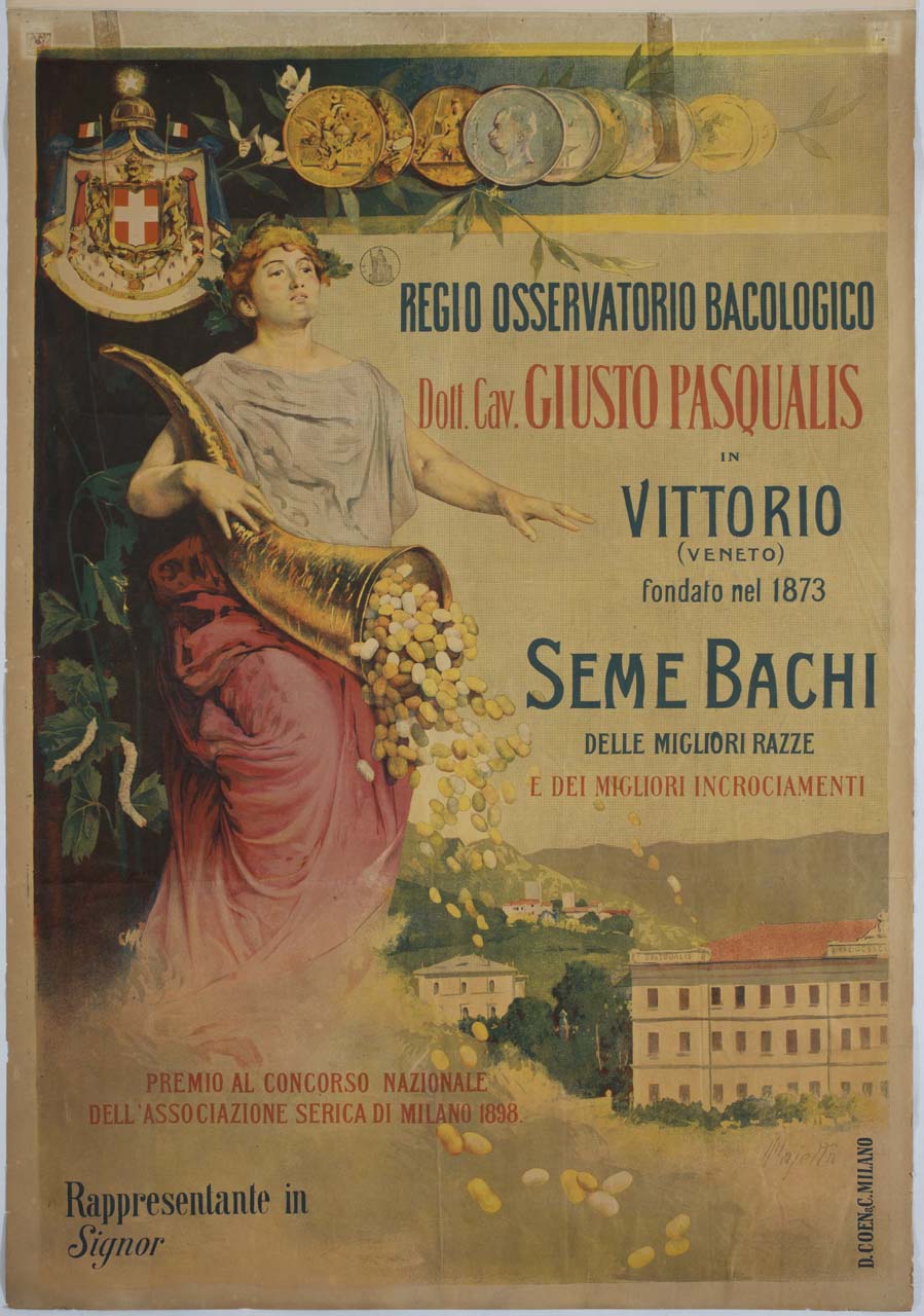 donna con cornucopia e veduta dell'osservatorio bacologico di Vittorio Veneto (manifesto) di Majetta - ambito italiano (sec. XX)