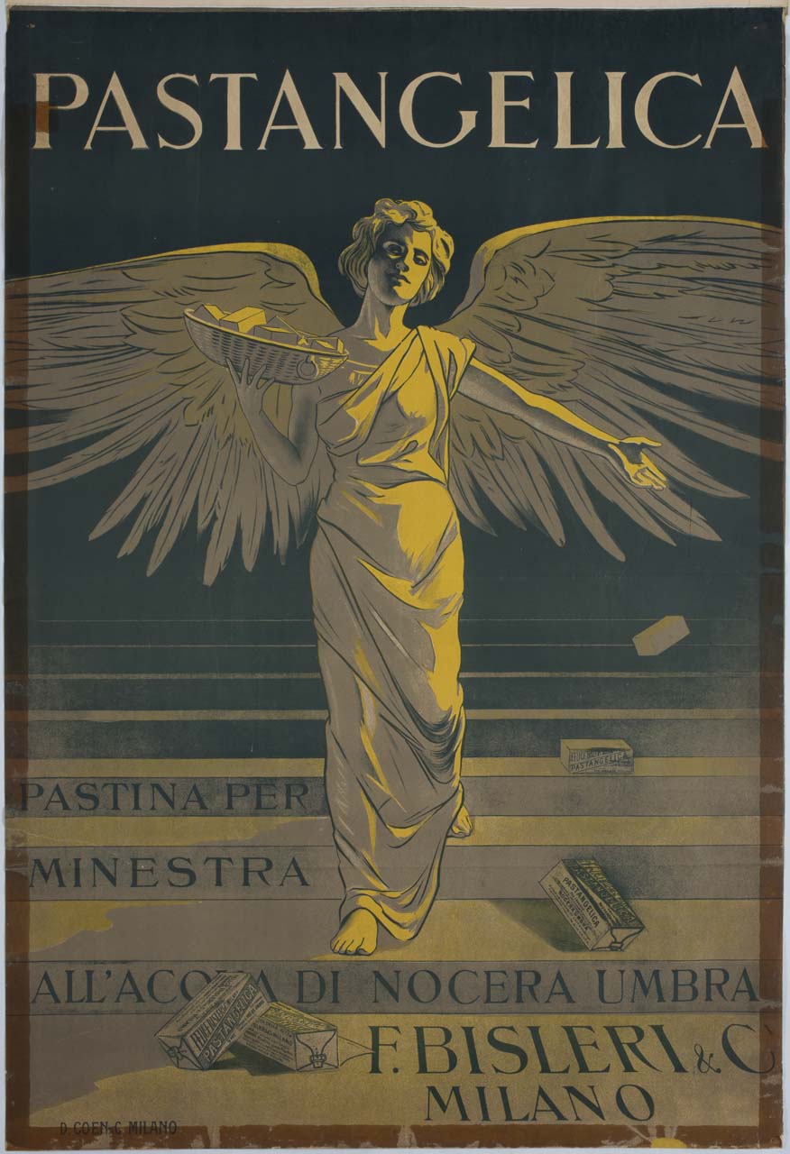 angelo che sparge confezioni da un cesto (manifesto) - ambito italiano (sec. XX)