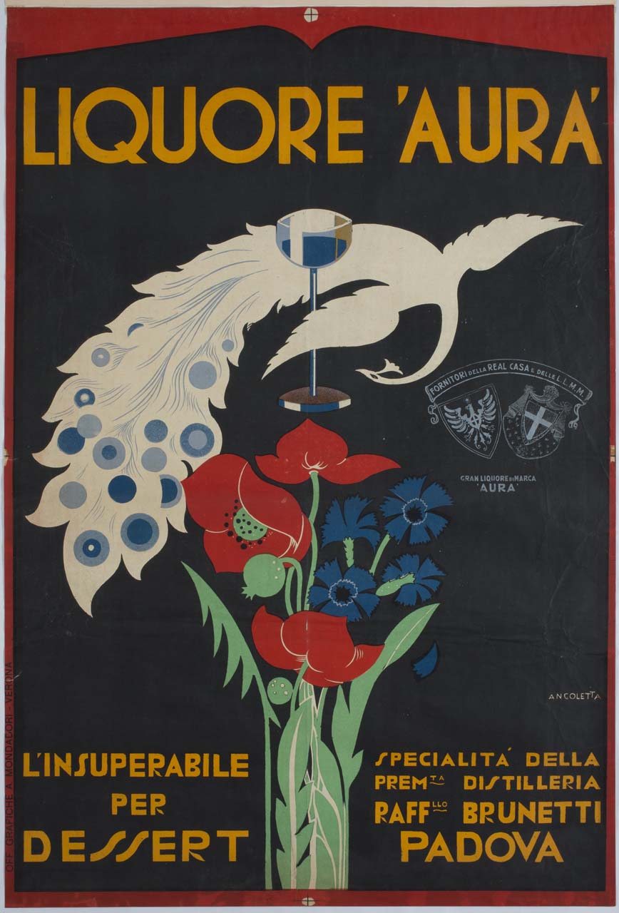 pavone con calice e fiori (manifesto) di Angoletta Bruno (sec. XX)